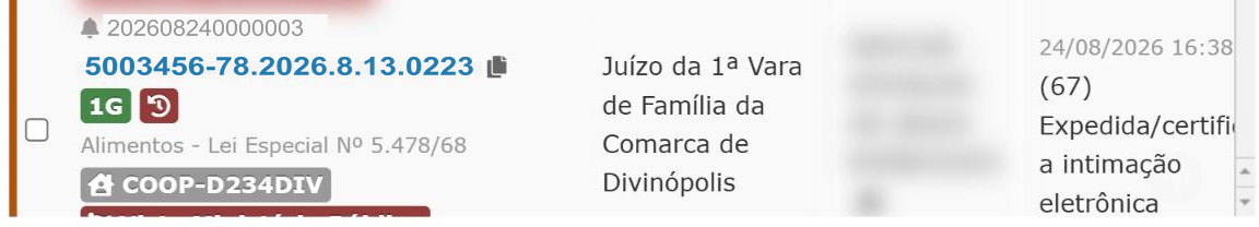 Linha da lista de intimações com um ícone de copiar logo depois do número do processo