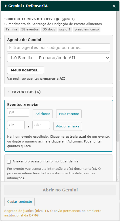 Painel Gemini, DefensorIA, com o numero do processo, as etiquetas Familia, 38 eventos, 36 docs e prazo em curso, a escolha do agente, os favoritos, a fila de eventos a enviar e o botao Abrir no Gemini