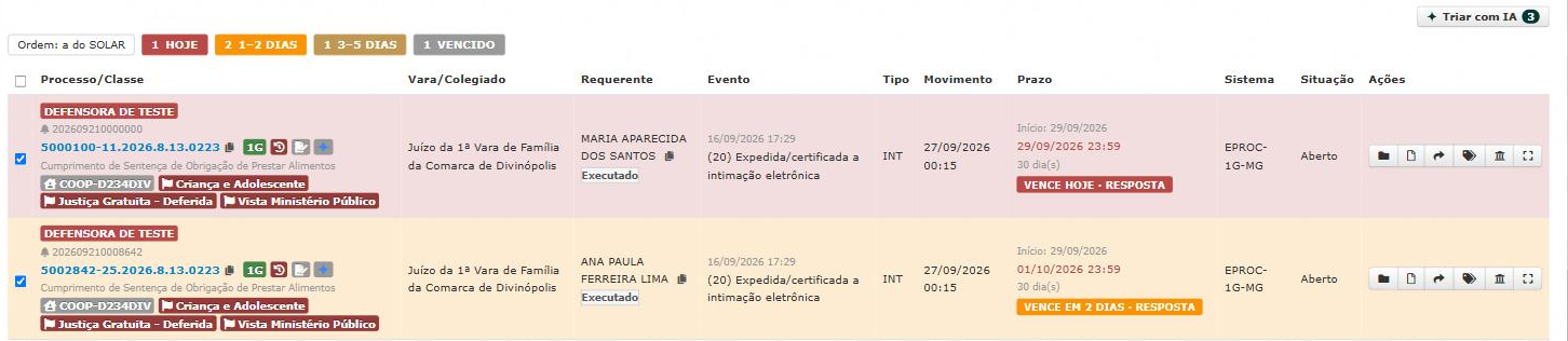 Barra acima da tabela de intimacoes com, no canto direito, o botao Triar com IA com a estrela do Gemini e o contador de avisos marcados; abaixo, linhas da lista marcadas na caixa da primeira coluna