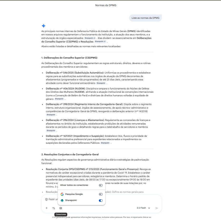 Menu Conectores do Gemini Enterprise mostrando a opção SharePoint ativada
